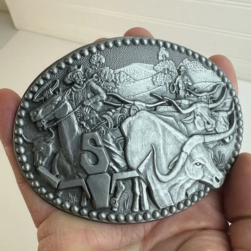 Vintage Western Cattle Drive Belt Buckle ZEE Series USA Noble OK Rodeo Longhorns